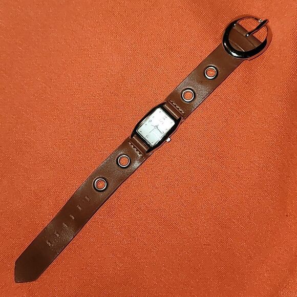 Vintage L.e.i. LEI Watch Silver Case Brown Leather Riveted Band Y2K‎ Big Buckle main image 6